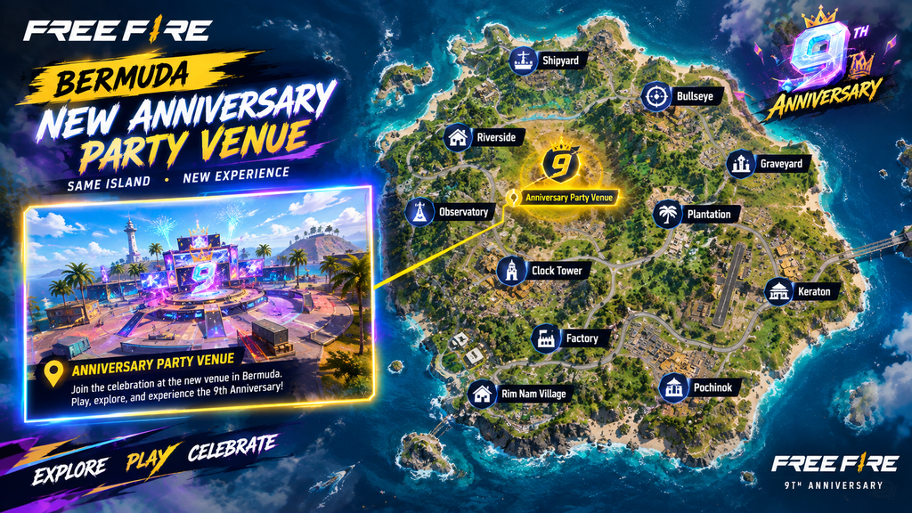 Bermuda map in Free Fire OB54 showing new 9th Anniversary Party Venue location
