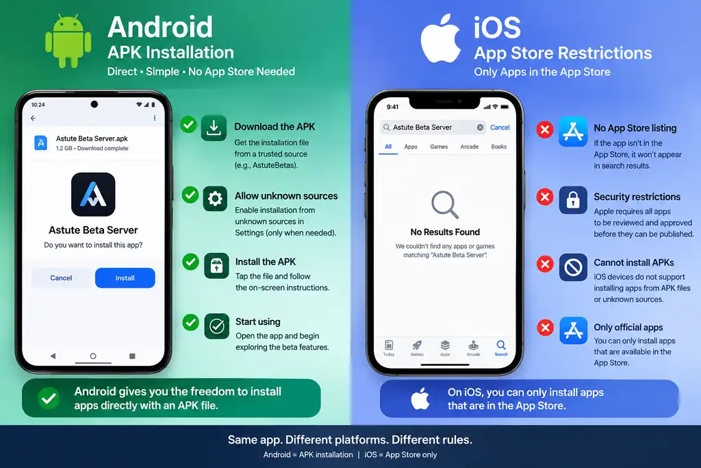 Comparison of Astute Beta Server Android APK install versus iOS App Store restrictions